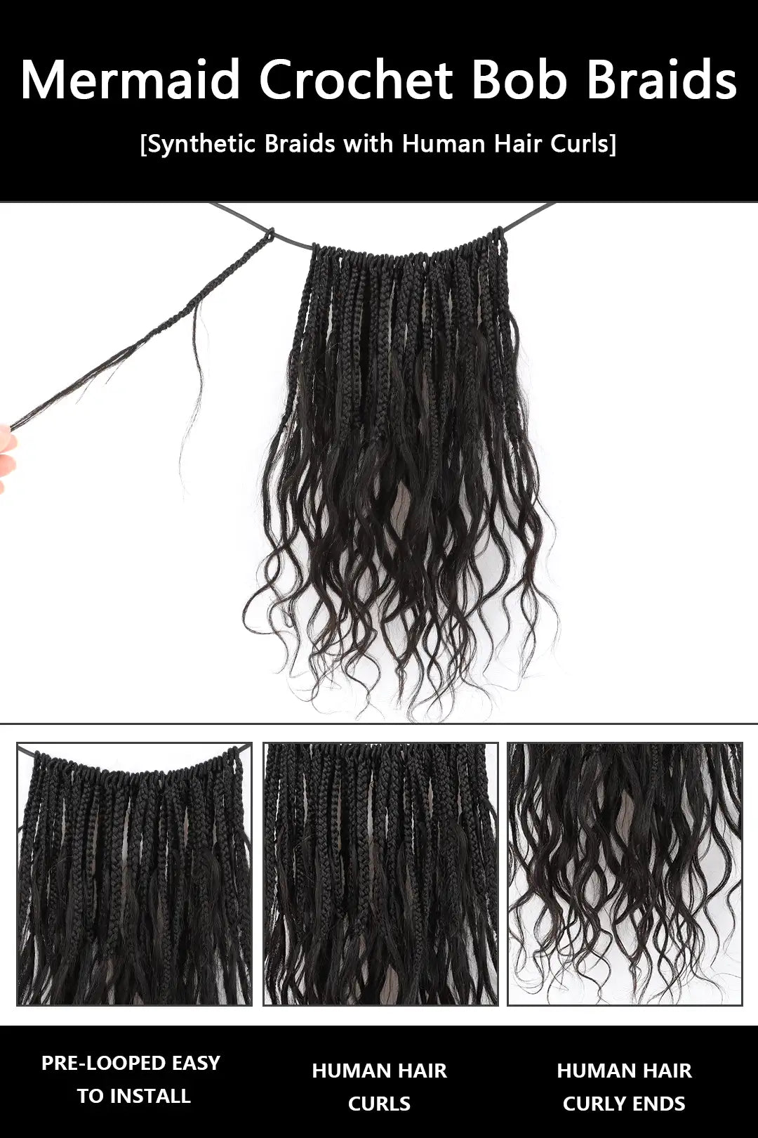 10 Inch Mermaid Crochet Bob Braids with Human Hair Curls BB03