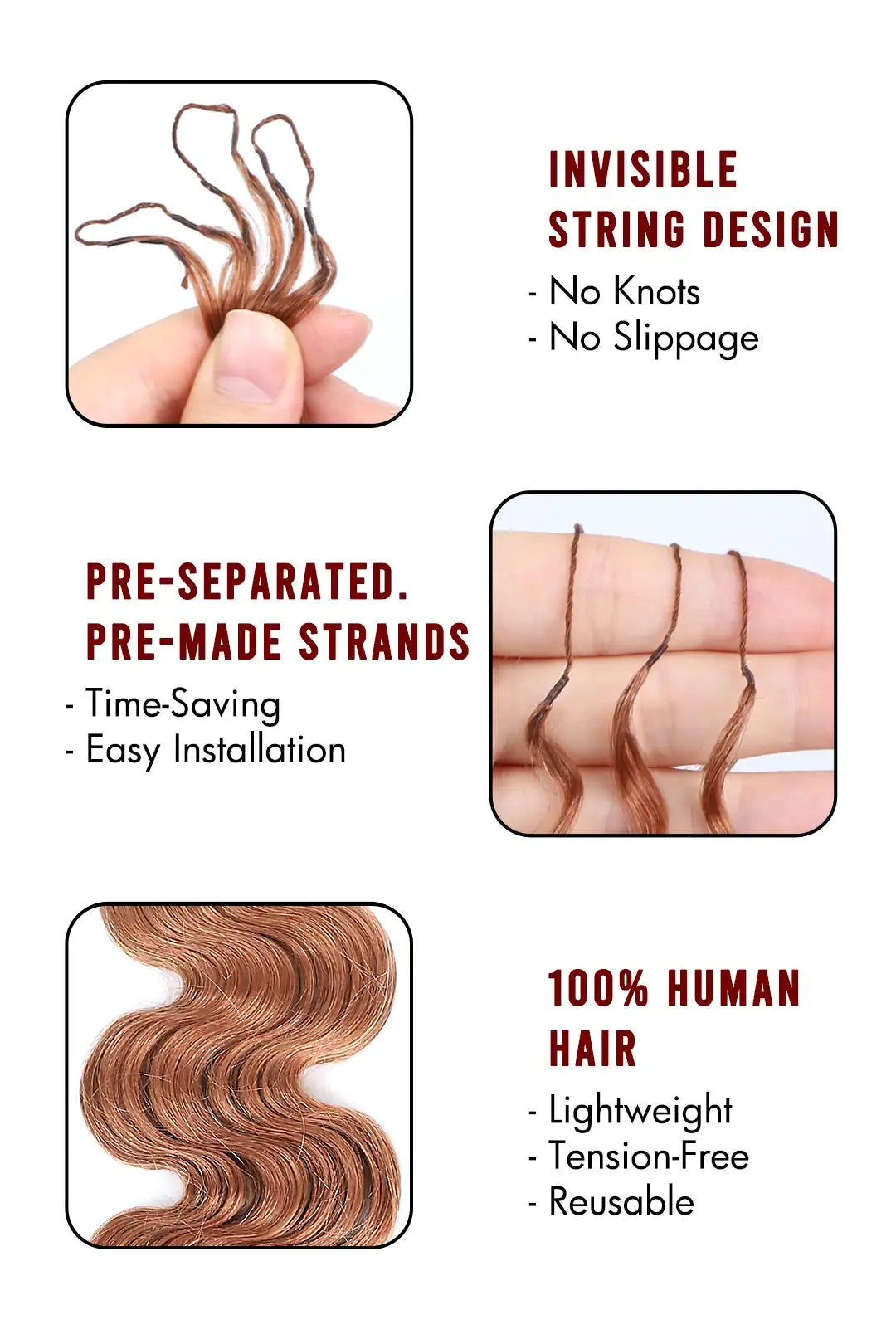Auburn Brown #30 Body Wave Feather Crochet Human Hair