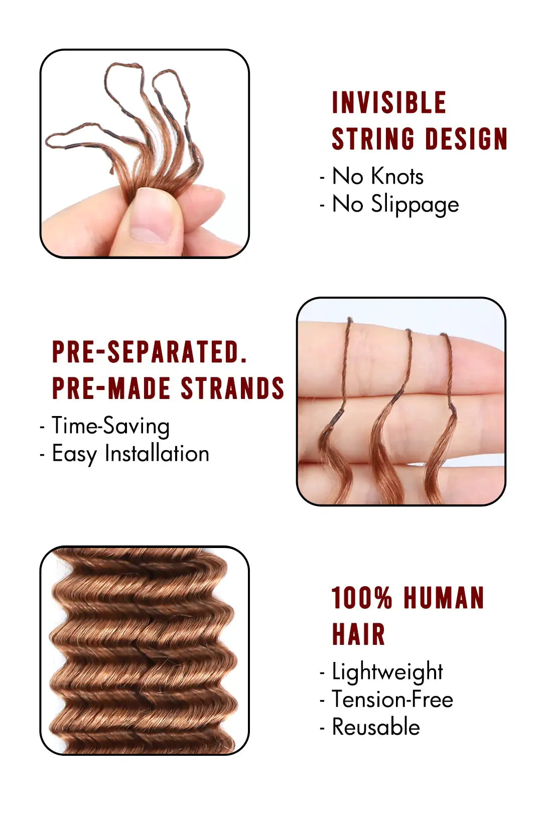 Auburn Brown #30 Deep Wave Feather Crochet Human Hair
