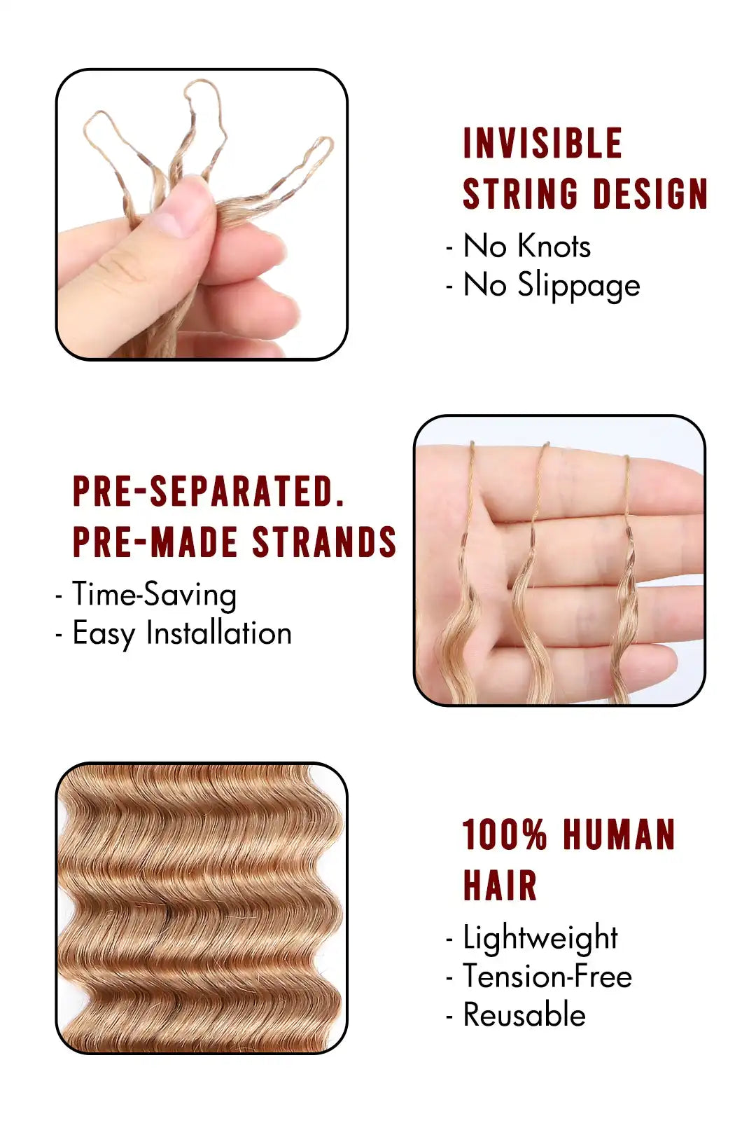 Honey Blonde #27 Deep Wave Feather Crochet Human Hair