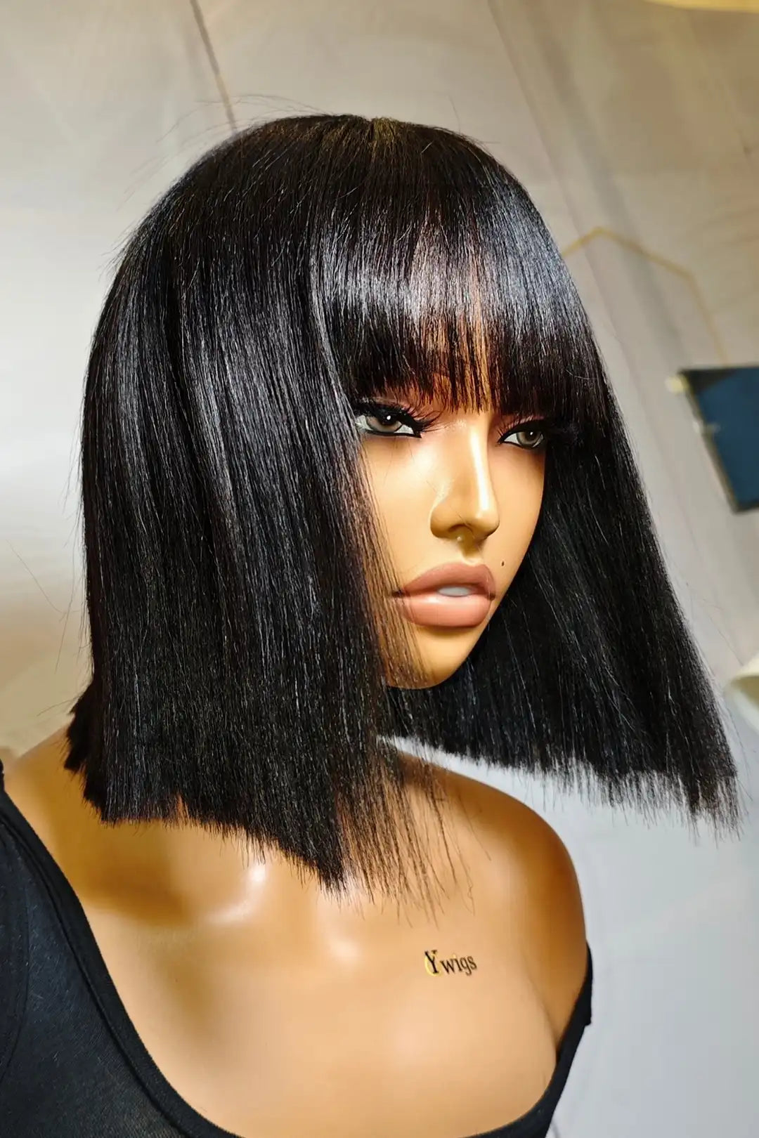 No Glue Top Lace Wigs 10 Inch YaKi Bob Human Hair Straight with Bangs