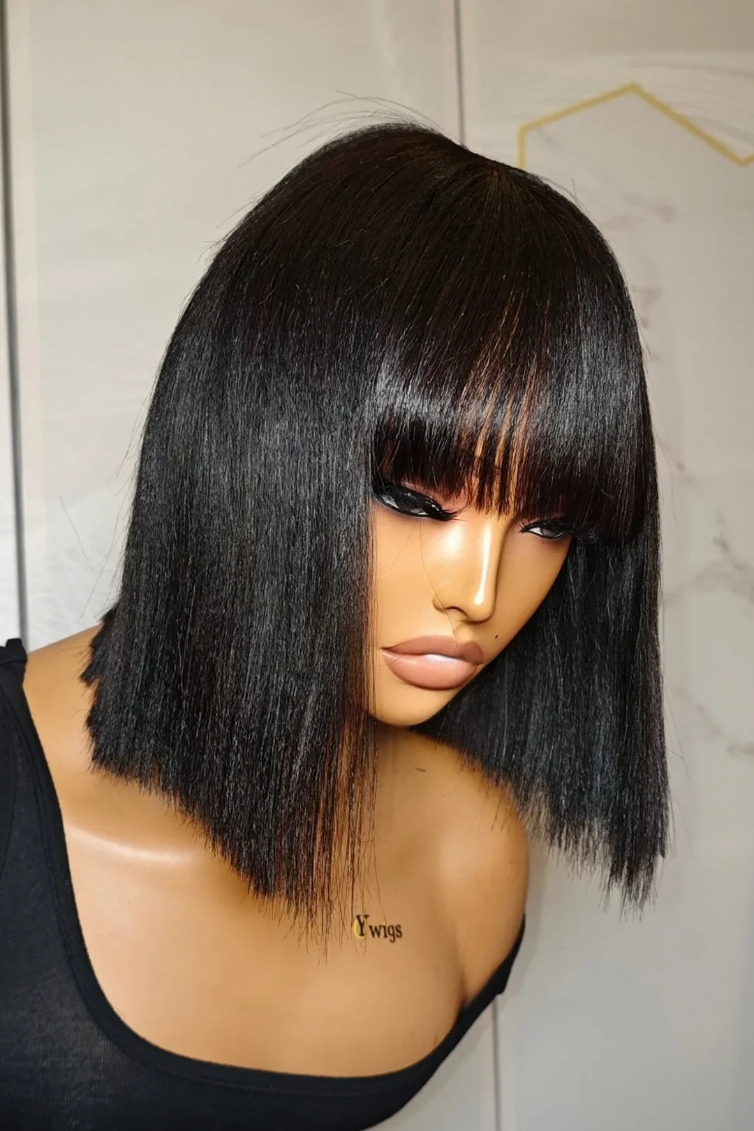 No Glue Top Lace Wigs 10 Inch YaKi Bob Human Hair Straight with Bangs
