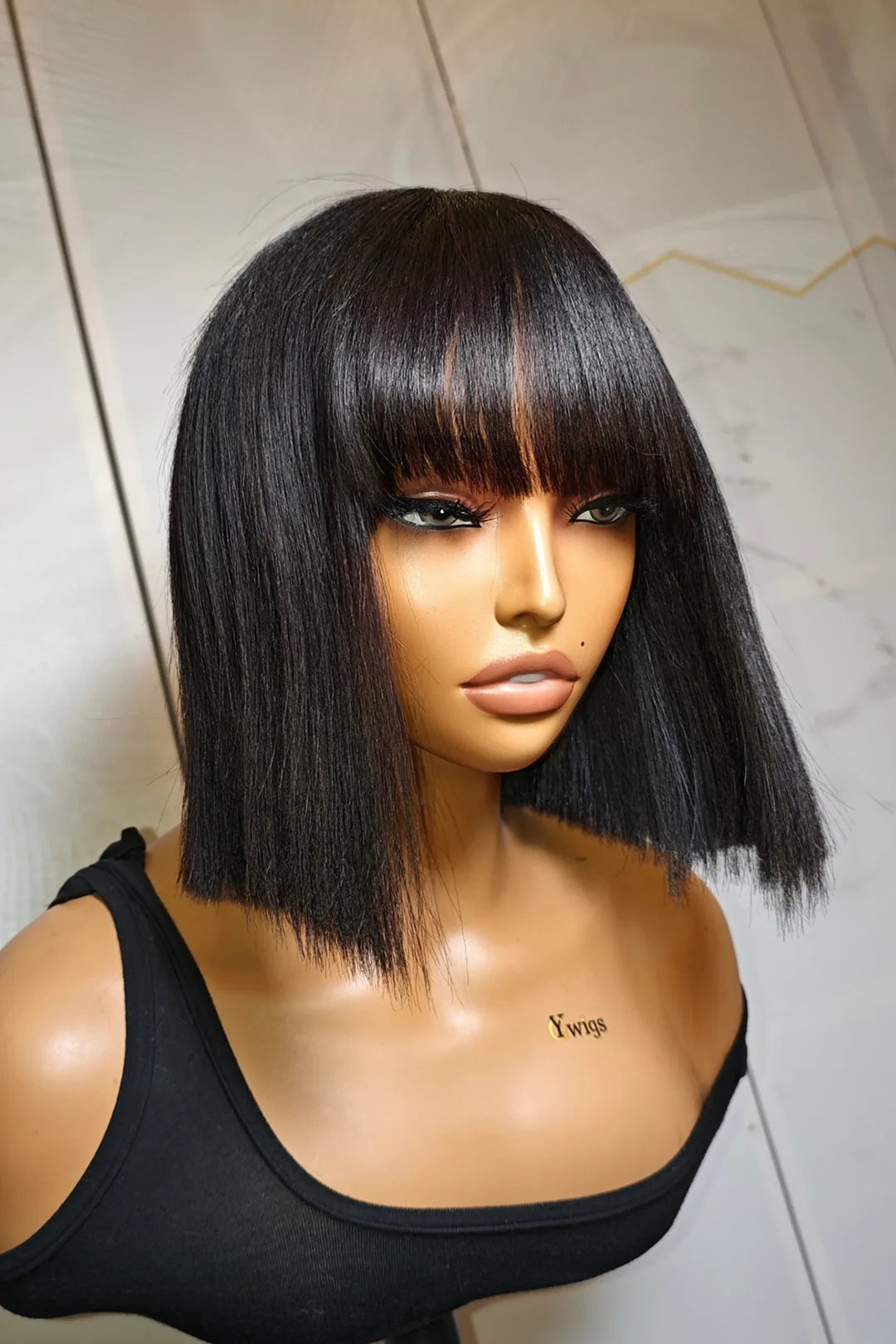 No Glue Top Lace Wigs 10 Inch YaKi Bob Human Hair Straight with Bangs