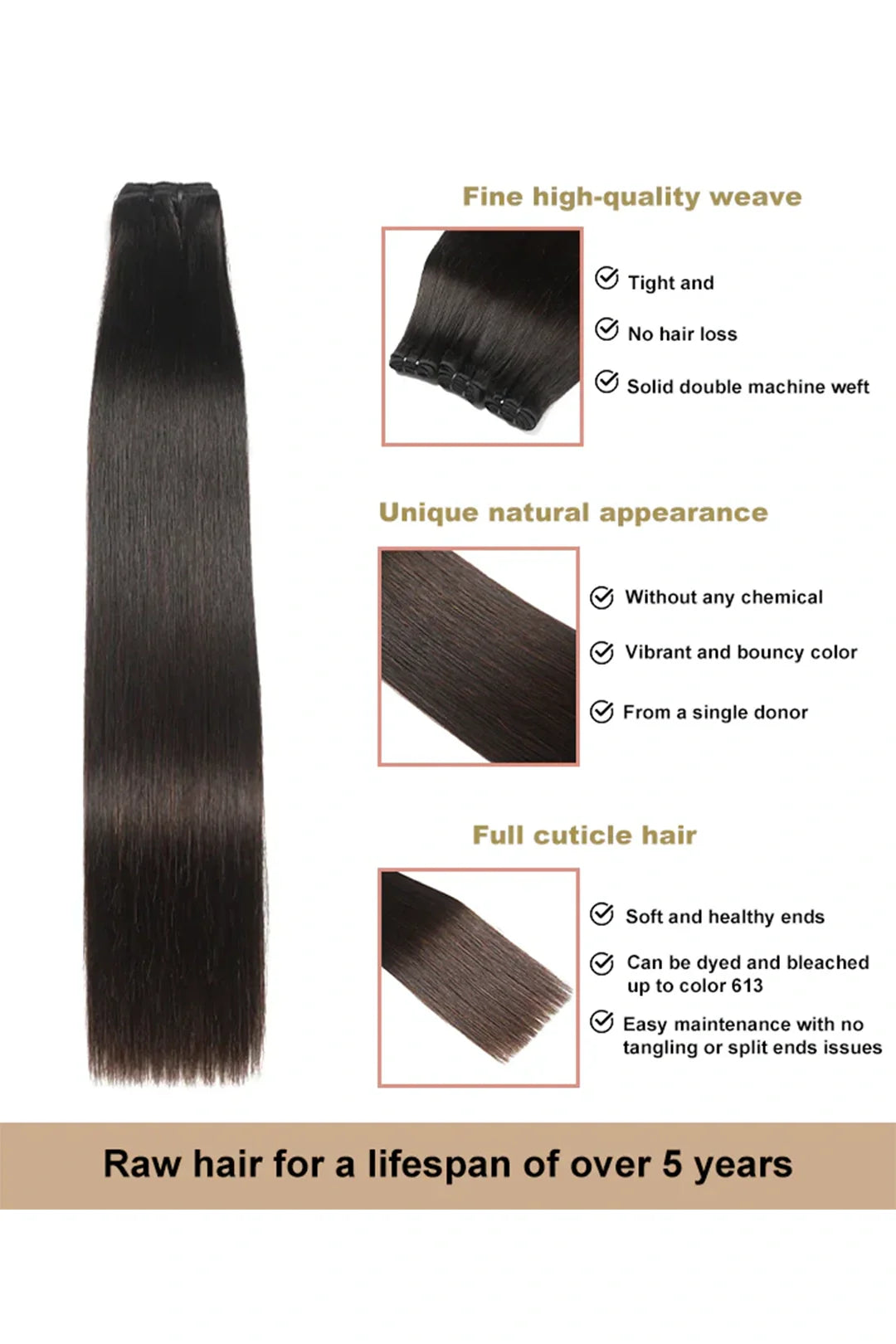 Cambodian Virgin Hair Bundle Straight Natural Color 12A 50% Density