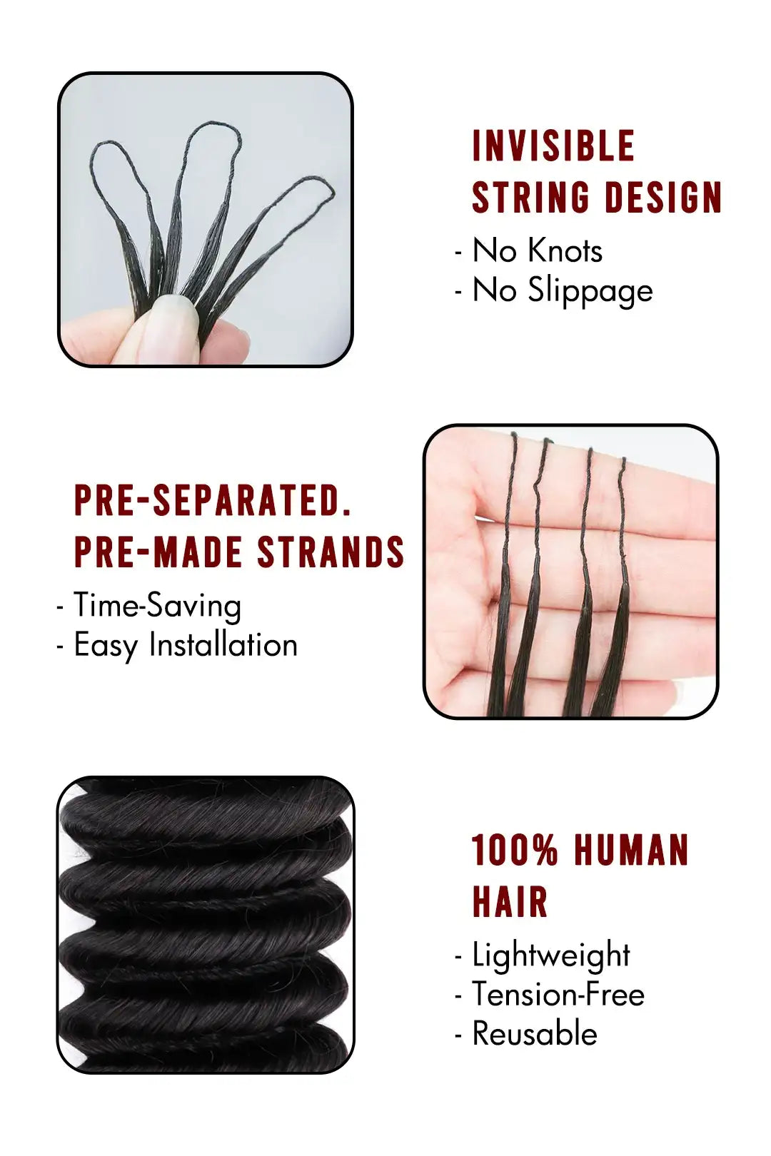 Handmade Feather Line Hair Extensions Loose Deep Wave Single-Strand with Loop