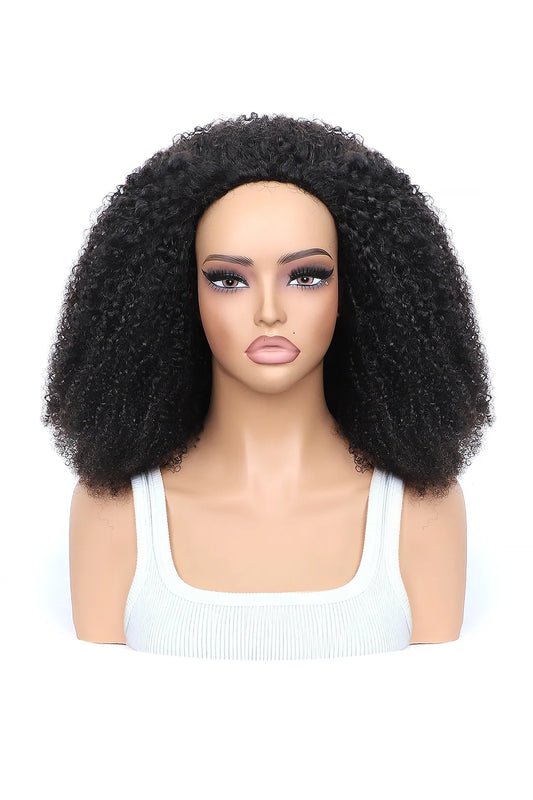 Afro Kinky Curly Half Wig Flexible Fit Drawstring Human Hair Seamless Wig
