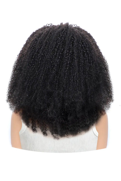 Back view of afro kinky curly half wig flexible fit drawstring human hair seamless wig