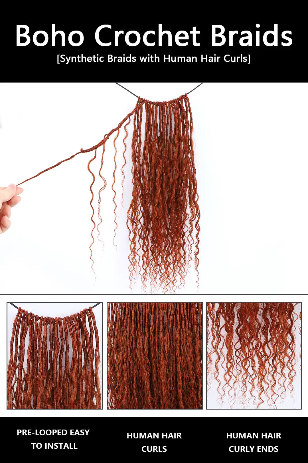 Copper Red Crochet Faux Locs Braids with Human Hair Curls Advantage