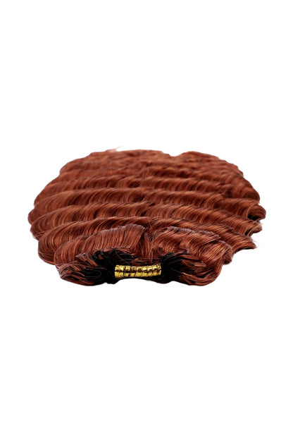 Detail of the ends of 350 ginger deep wave feather crochet miracle knots human hair