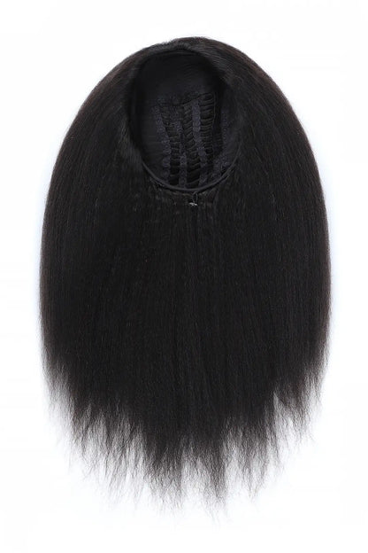 Details of kinky straight half wig flexible fit drawstring human hair seamless wig