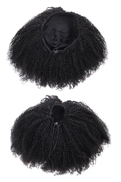 Display image of afro kinky curly half wig flexible fit drawstring human hair seamless wig