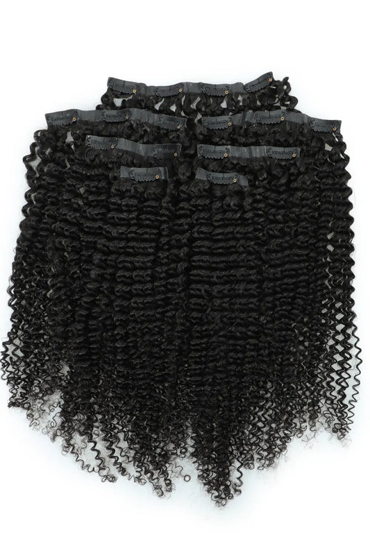 Kinky Curly Seamless Clip in Hair Extensions Natural Black 7 Pcs