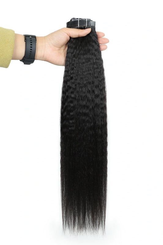Kinky Straight Seamless Clip in Hair Extensions Natural Black