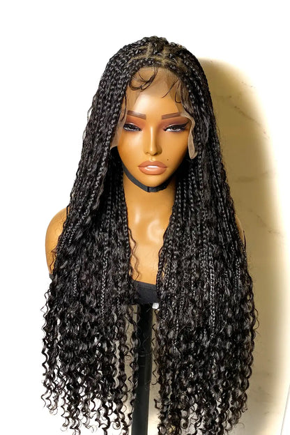 Model display picture of boho box braid wigs 100% human hair full transparent HD lace