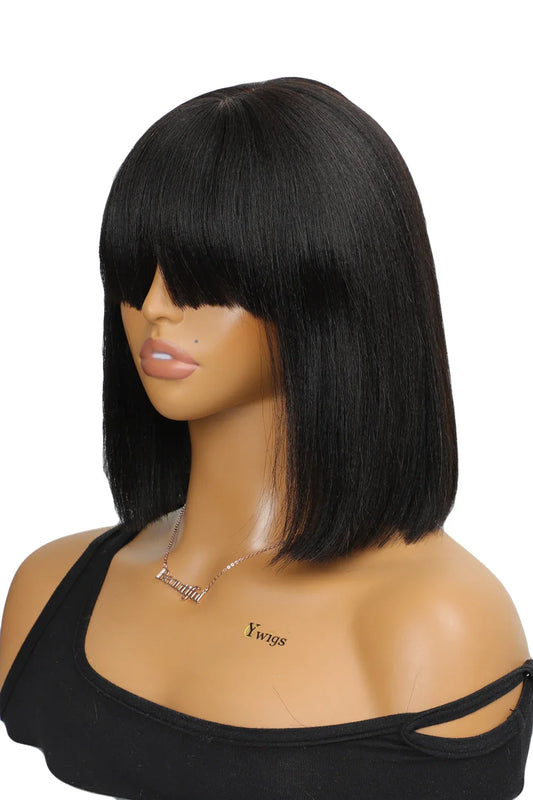 No Glue Top Lace Wigs 10 Inch YaKi Bob Human Hair Straight with Bangs