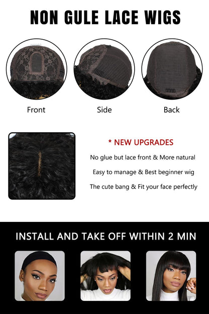 No Glue Top Lace Wigs 10 Inch YaKi Bob Human Hair Straight with Bangs