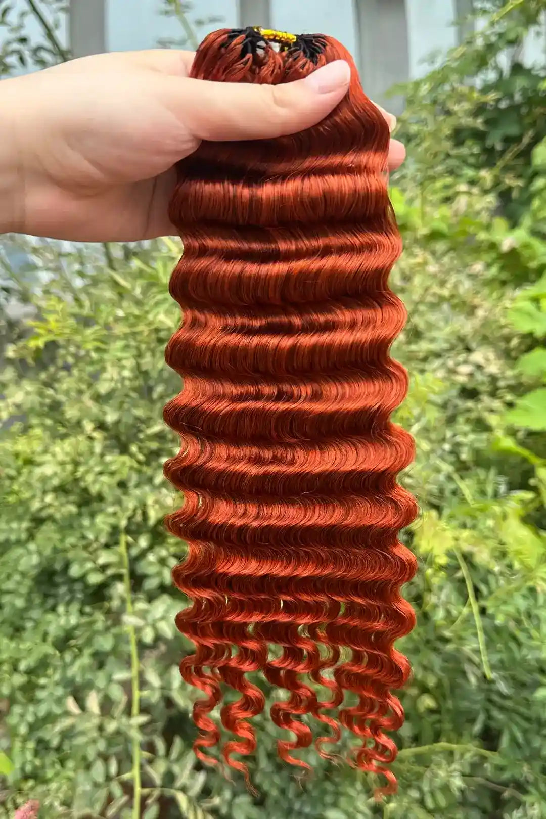 Outdoor picture of 350  ginger deep wave feather crochet miracle knots human hair