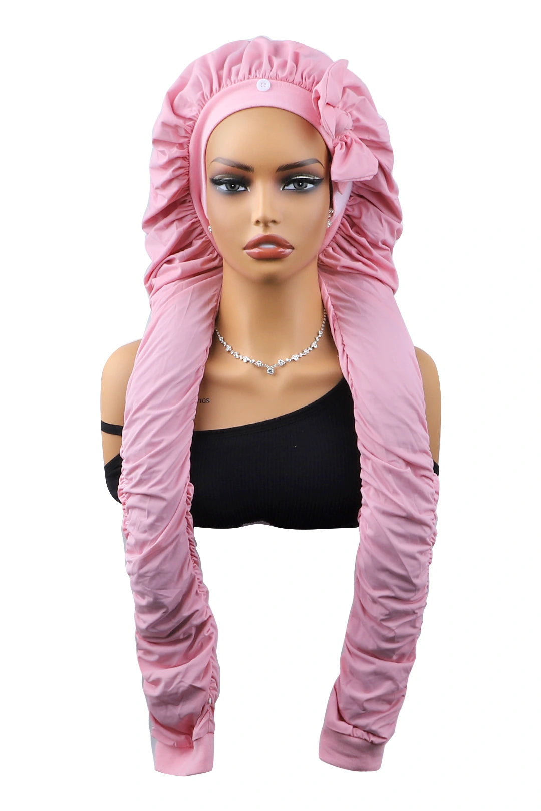 Pink pantyhose sleeping bonnet elastic satin adjustable velcro