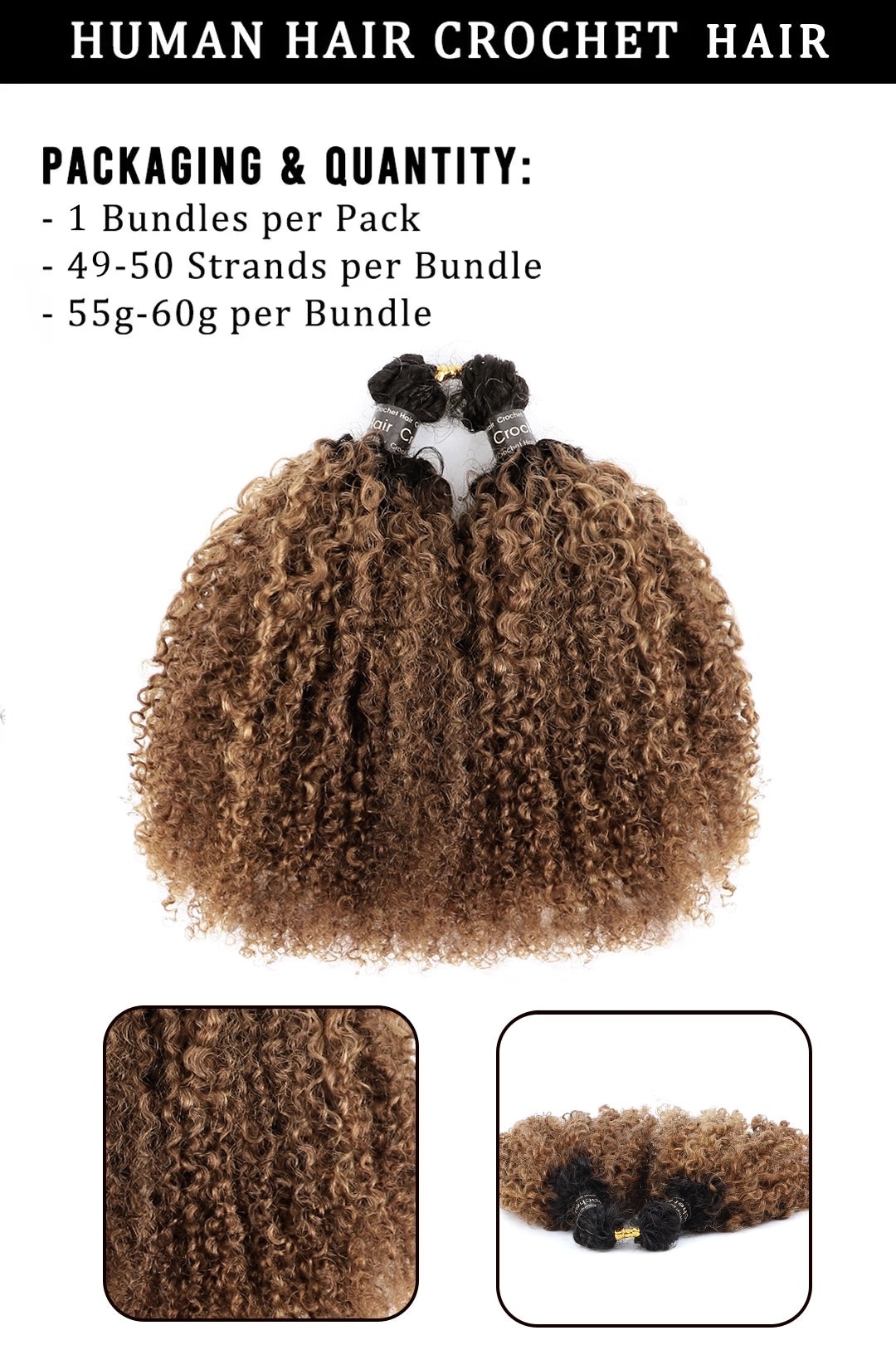 Product description of 1b30 two tone color tight curly feather crochet human hair