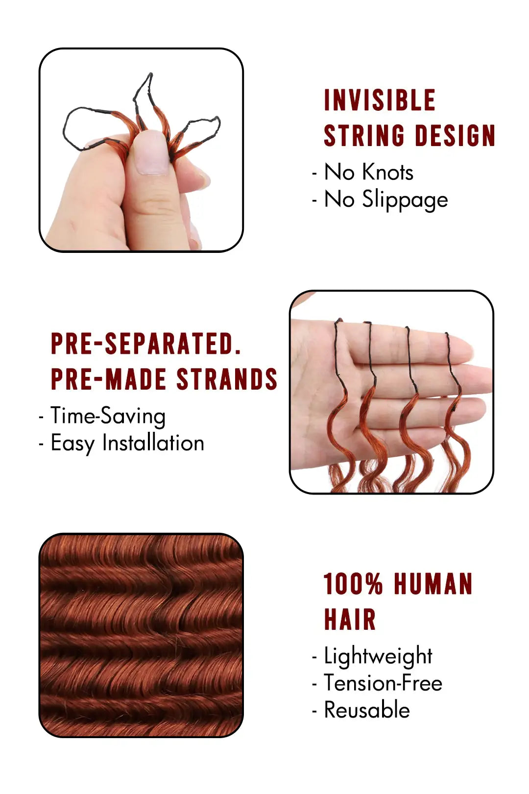 Product description of 350  ginger deep wave feather crochet miracle knots human hair