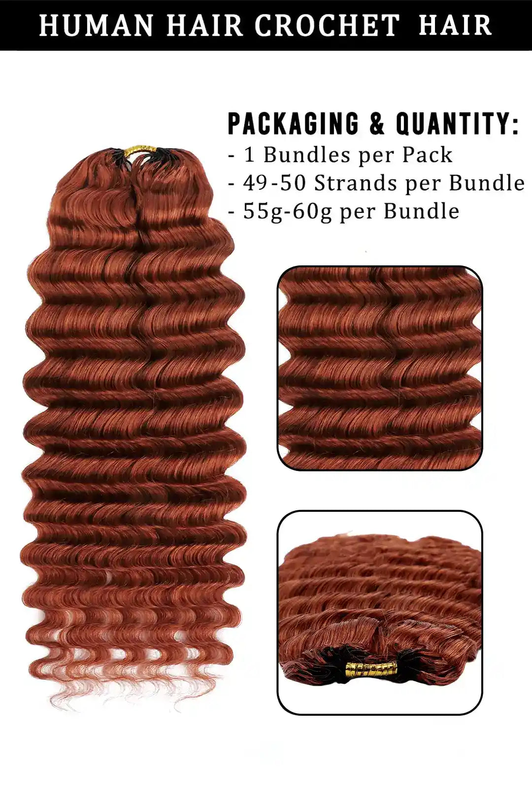 Product description of 350  ginger deep wave feather crochet miracle knots human hair