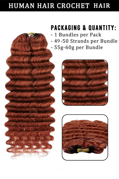 Product description of 350  ginger deep wave feather crochet miracle knots human hair