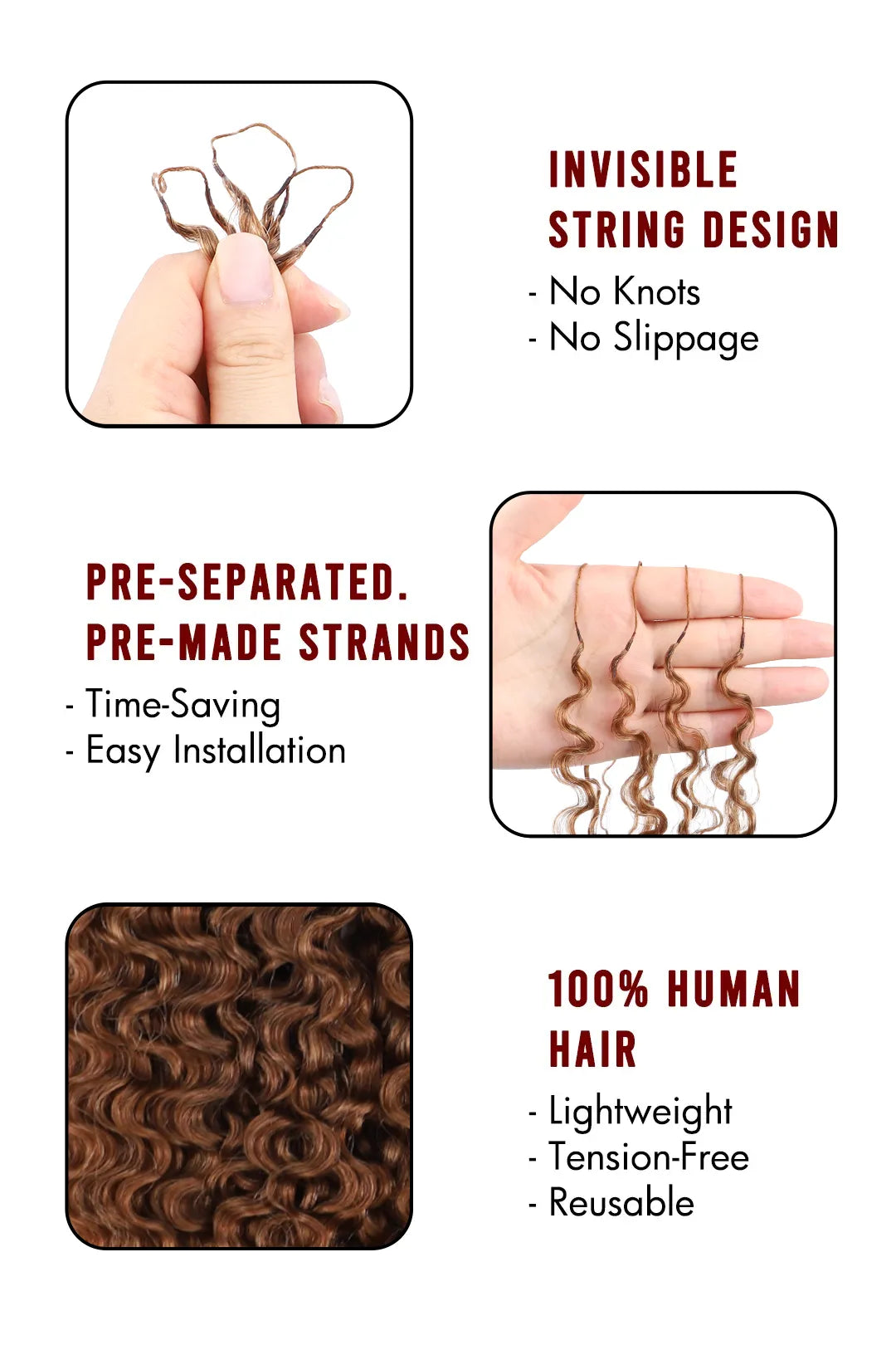 Auburn Brown #30 Burmese Curly with Spiral Curls Feather Crochet Miracle Knots Hair