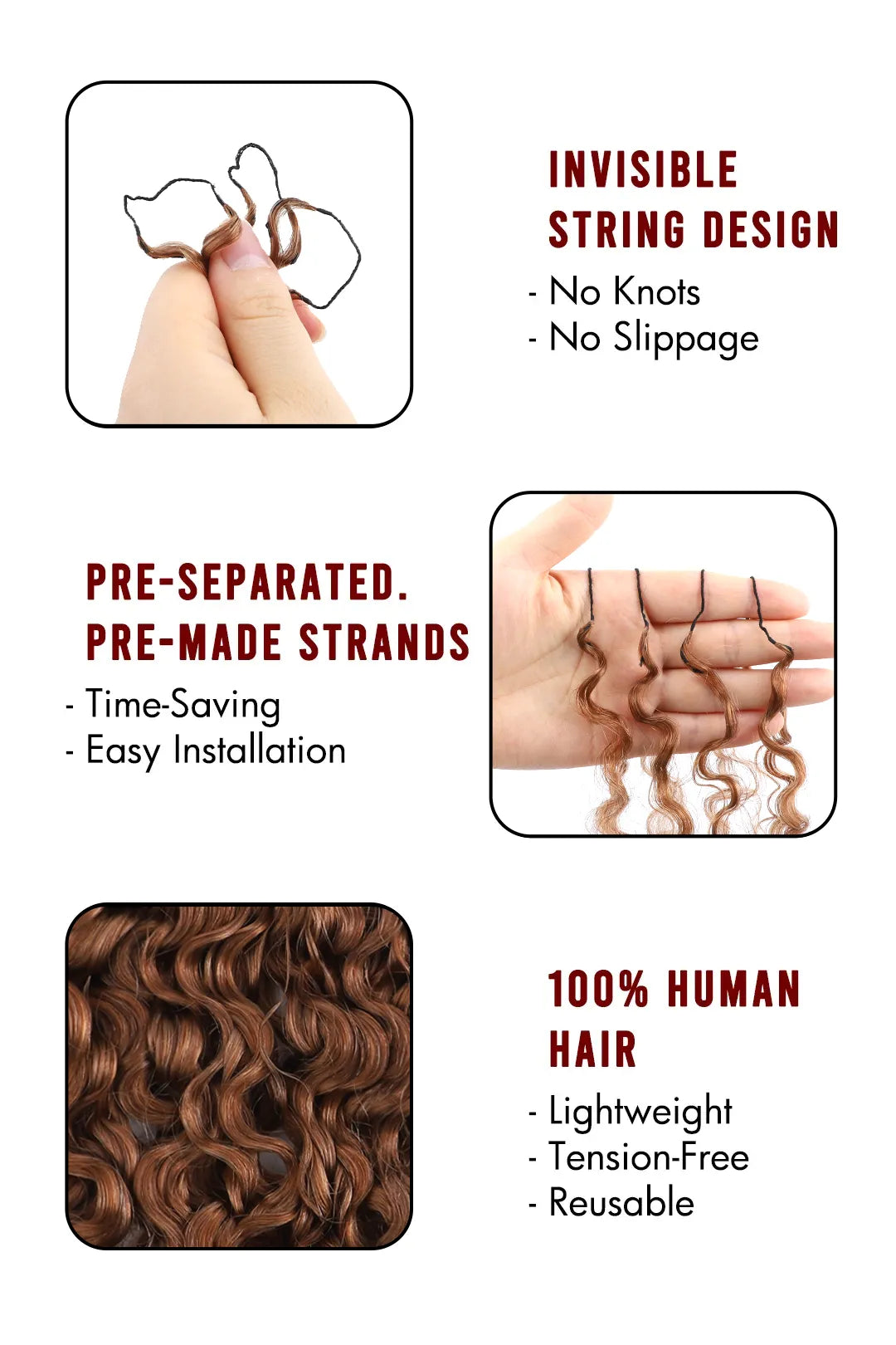 Auburn Brown #30 Burmese Curly with Spiral Curls Feather Crochet Miracle Knots Hair