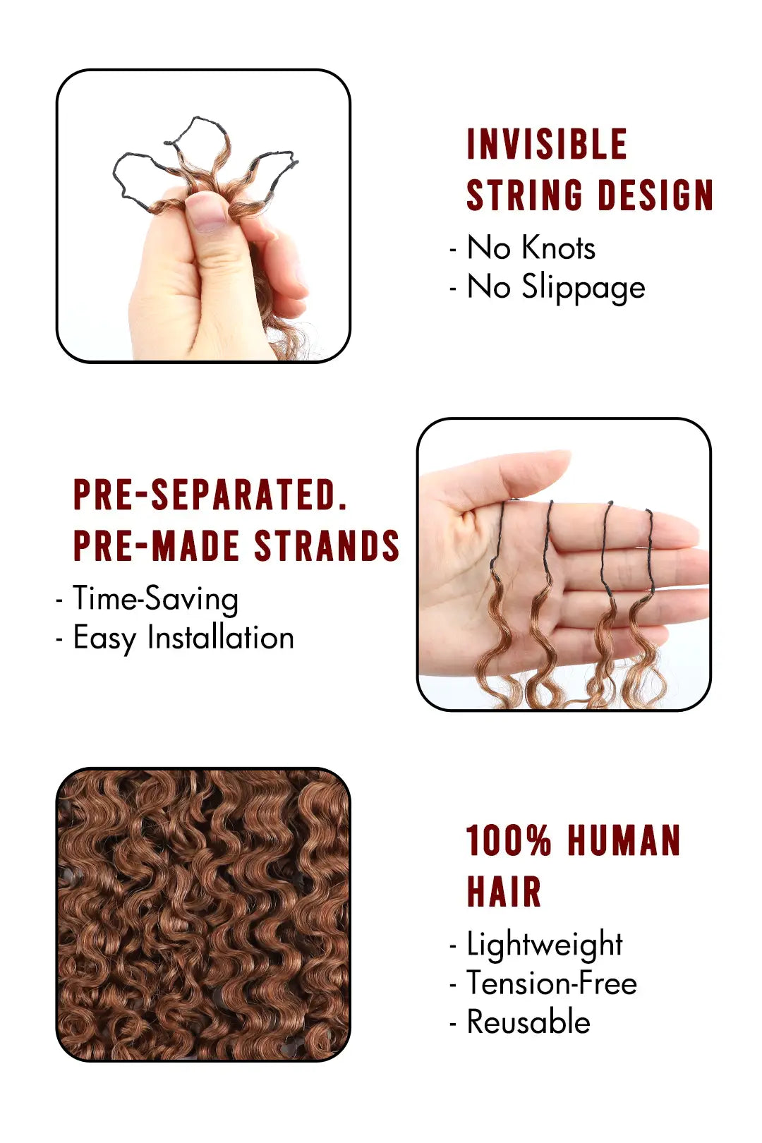 Auburn Brown #30 Water Deep Wave Feather Crochet Miracle Knots Hair