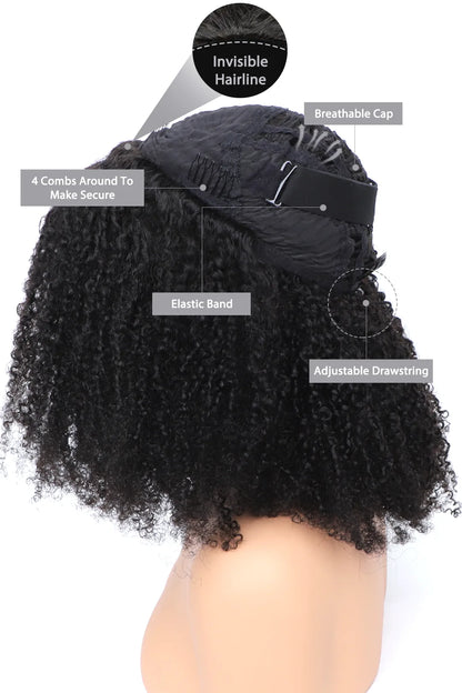 Product description picture of afro kinky curly half wig flexible fit drawstring human hair seamless wig