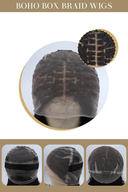 Product description picture of boho box braid wigs 100% human hair full transparent HD lace