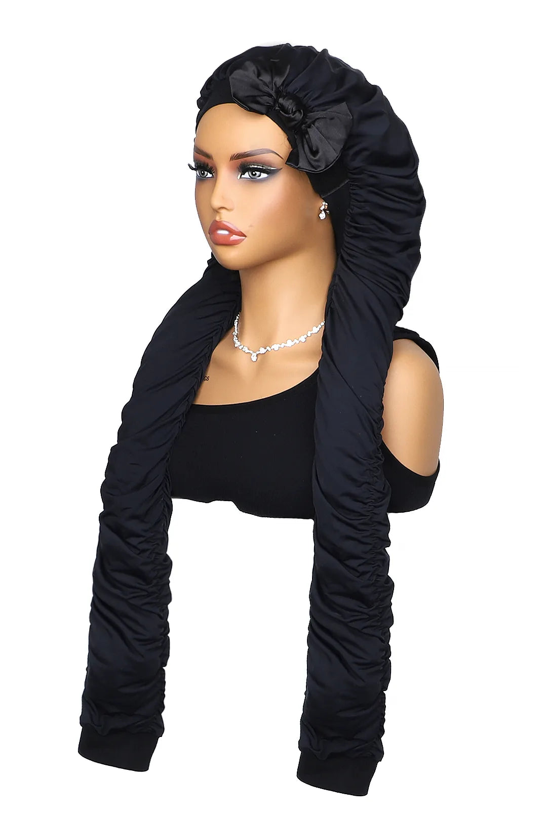 Side view of pantyhose sleeping bonnet elastic satin adjustable velcro