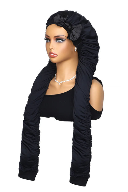 Side view of pantyhose sleeping bonnet elastic satin adjustable velcro